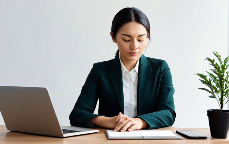 A professional woman in a modest business casual attire, sitting calmly at a modern home office desk with her eyes gently closed, engaged in a brief mindful breathing exercise. A laptop and a phone are subtly visible on the desk, not actively distracting. The well-lit, minimalist home office features a touch of greenery, signifying a calm and focused environment. fully clothed, modest clothing, appropriate attire, professional dress, safe for work, appropriate content, family-friendly, perfect anatomy, correct proportions, natural pose, well-formed hands, proper finger count, natural body proportions, high-resolution, professional photography, studio lighting, sharp focus.