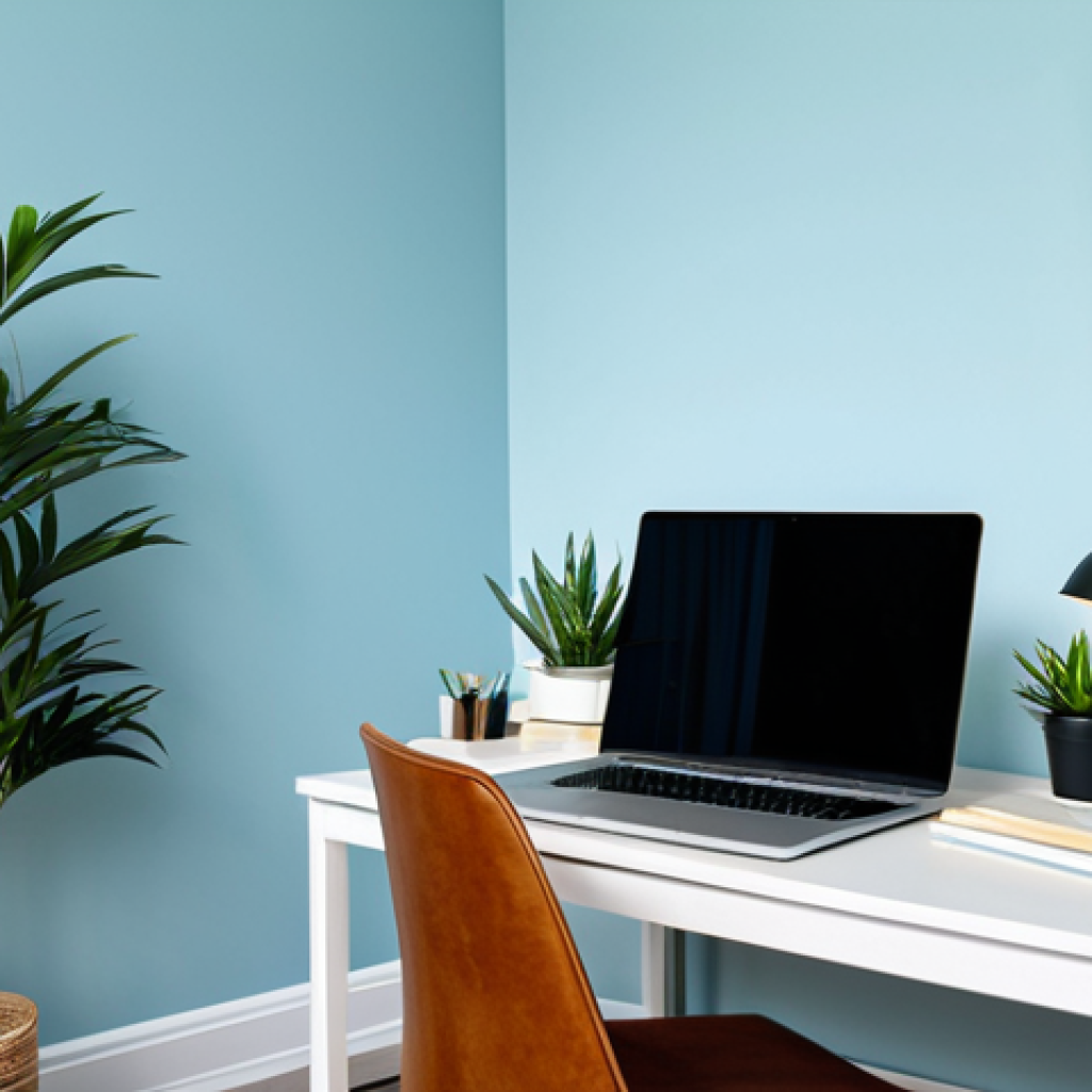 Dedicated Home Workspace**
"A tidy and well-lit home office, featuring a clean desk with a laptop, a comfortable chair, and a few green plants. Walls are painted a calming light blue. Include a desk lamp. Safe for work, appropriate content, fully clothed person (if visible), perfect anatomy, natural pose, professional, modest, family-friendly."
**