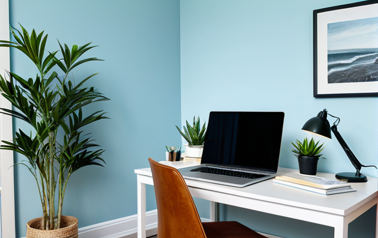 Dedicated Home Workspace**
"A tidy and well-lit home office, featuring a clean desk with a laptop, a comfortable chair, and a few green plants. Walls are painted a calming light blue. Include a desk lamp. Safe for work, appropriate content, fully clothed person (if visible), perfect anatomy, natural pose, professional, modest, family-friendly."
**