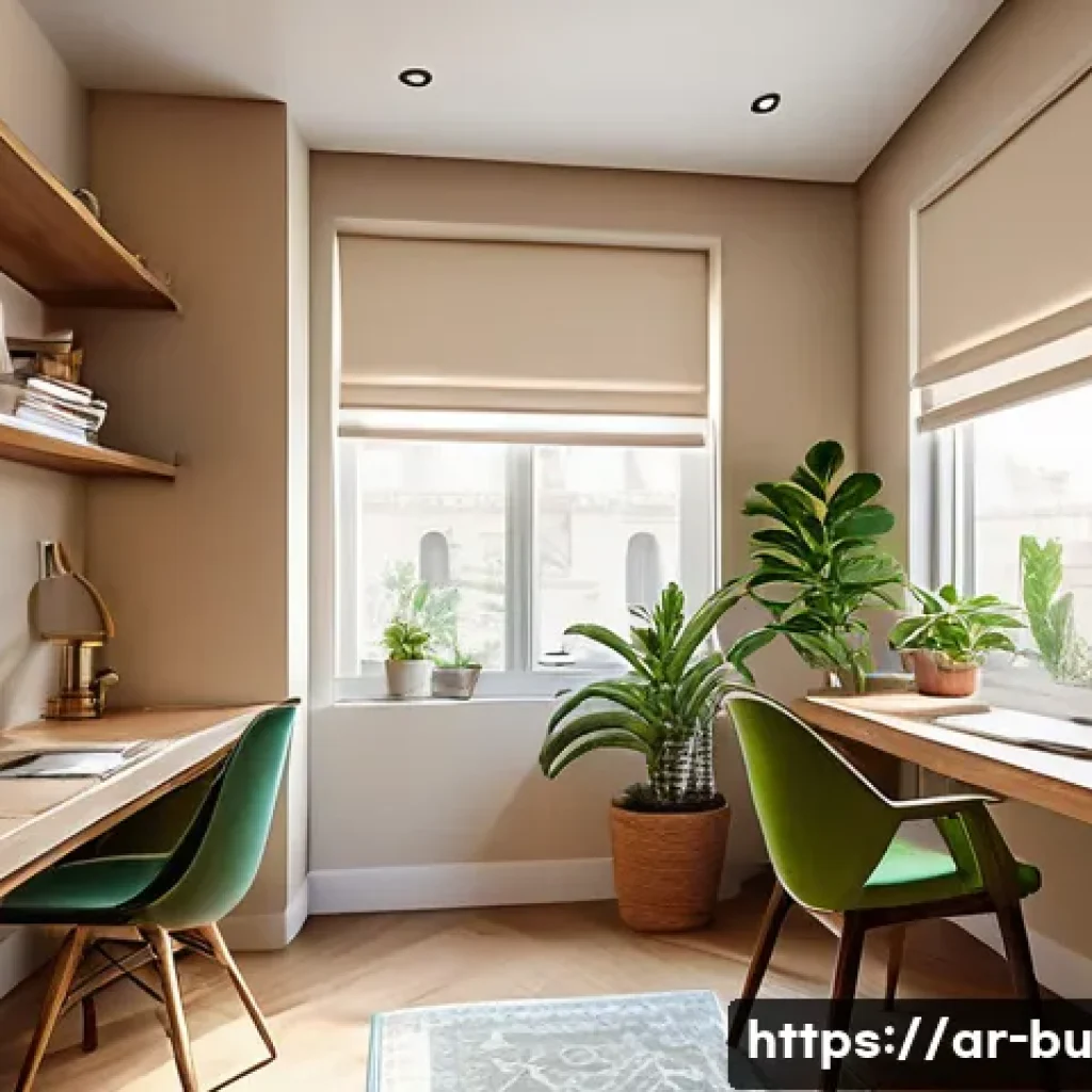 생산성을 높이는 재택근무 공간 인테리어 - A modern Arabic home office setup bathed in natural daylight from a large window, featuring an adjus...