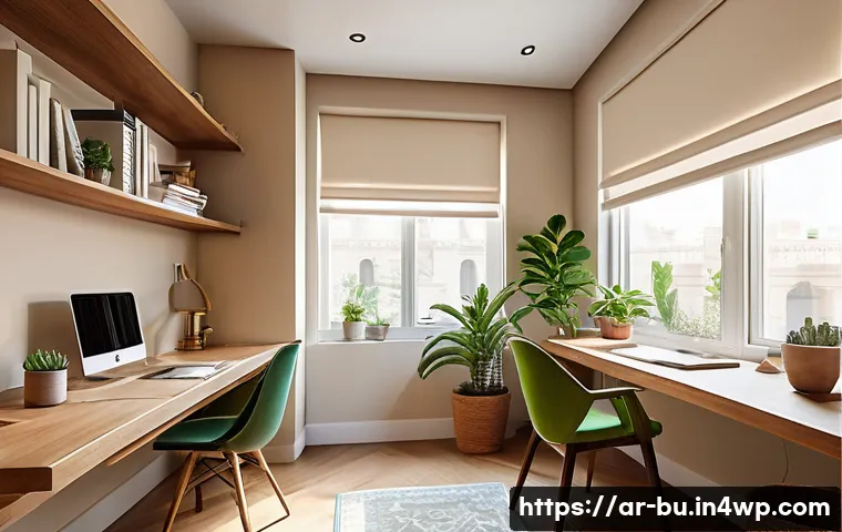 생산성을 높이는 재택근무 공간 인테리어 - A modern Arabic home office setup bathed in natural daylight from a large window, featuring an adjus...