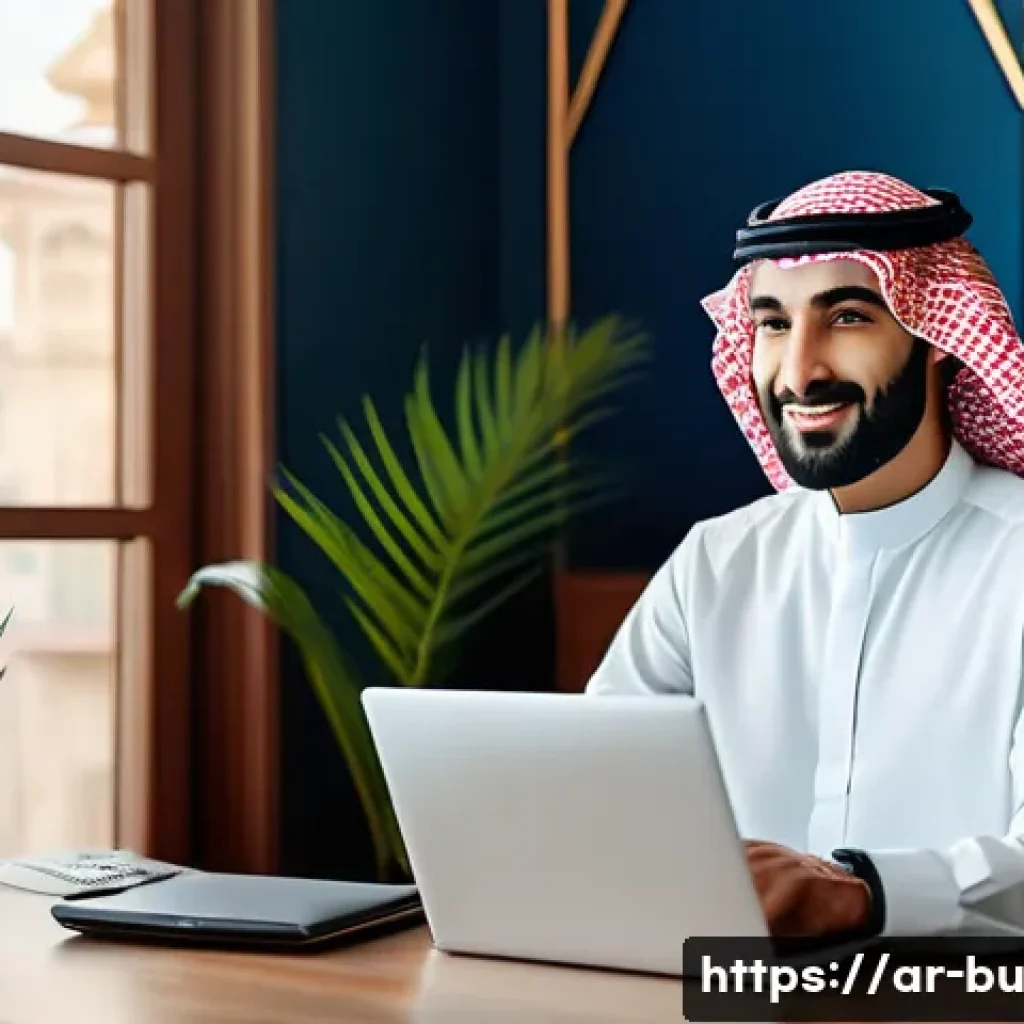 원격근무의 미래  생산성 트렌드 분석 - A modern home office setup in a Middle Eastern-style apartment, featuring a professional Arab man in...