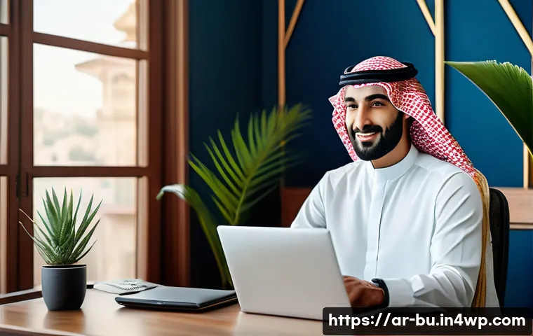 원격근무의 미래 생산성 트렌드 분석 - A modern home office setup in a Middle Eastern-style apartment, featuring a professional Arab man in...