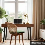 원격근무 시 피로도를 줄이는 방법 - A cozy and well-organized home office corner designed for an Arabic user, featuring a modern wooden ...
