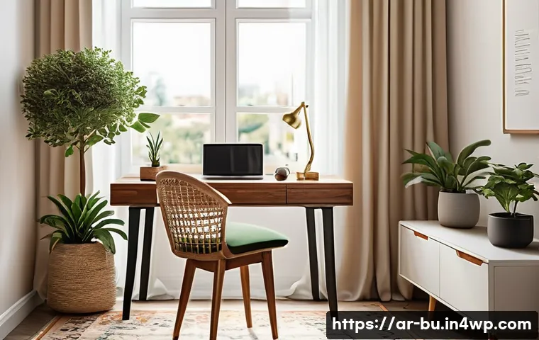원격근무 시 피로도를 줄이는 방법 - A cozy and well-organized home office corner designed for an Arabic user, featuring a modern wooden ...
