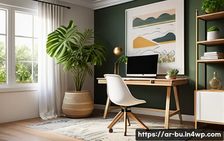 효율적인 원격근무를 위한 비즈니스 모델 제안 - A modern home office setup designed for remote work productivity, featuring a dedicated quiet corner...