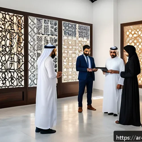 효율적인 원격근무를 위한 문서 관리 팁 - A modern Arabic office setting with a diverse team collaborating around a large digital touchscreen ...