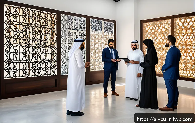 효율적인 원격근무를 위한 문서 관리 팁 - A modern Arabic office setting with a diverse team collaborating around a large digital touchscreen ...