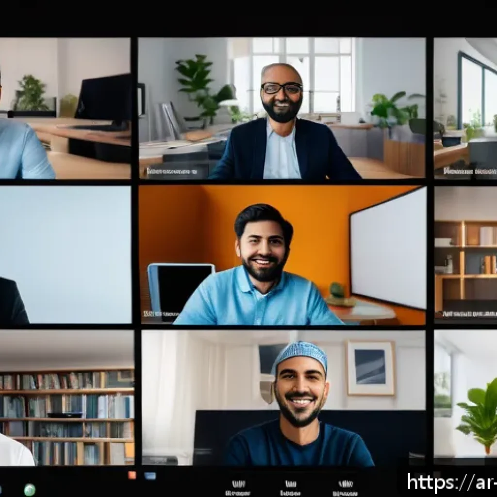 원격근무에서의 팀워크 증진 방법 - A diverse remote work team engaged in a virtual brainstorming session using a video call interface, ...
