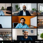 원격근무에서의 팀워크 증진 방법 - A diverse remote work team engaged in a virtual brainstorming session using a video call interface, ...