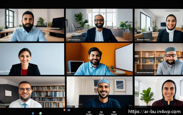 원격근무에서의 팀워크 증진 방법 - A diverse remote work team engaged in a virtual brainstorming session using a video call interface, ...