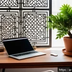 원격근무 생산성 향상을 위한 시간 블록 기법 - A modern home office setup in a quiet corner of a traditional Arabic-style room, featuring a sleek w...